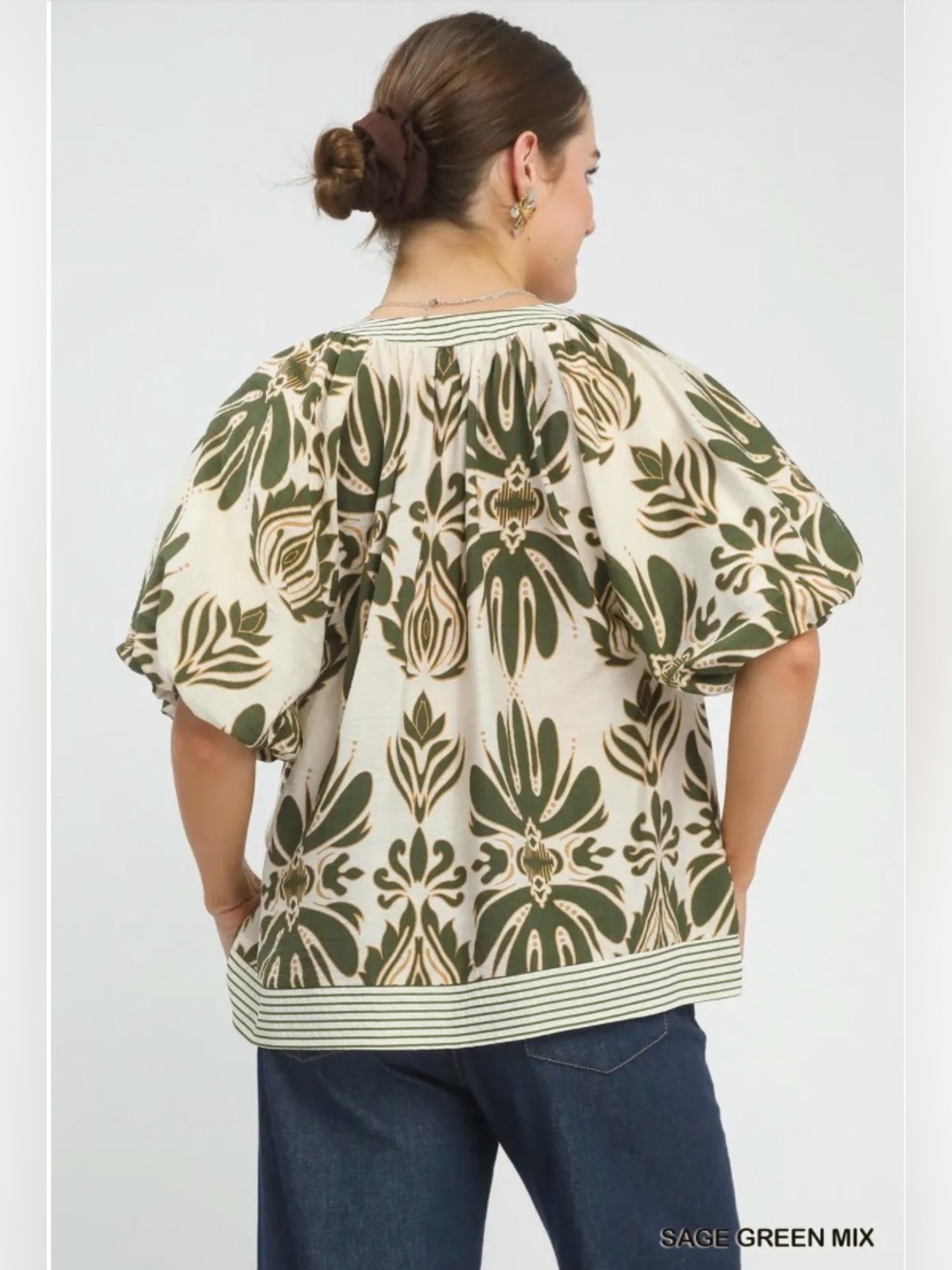 Umgee Mix Printed Puff Sleeve Top with Contrast Trim 🌿🛍️ - Picture 3 of 5
